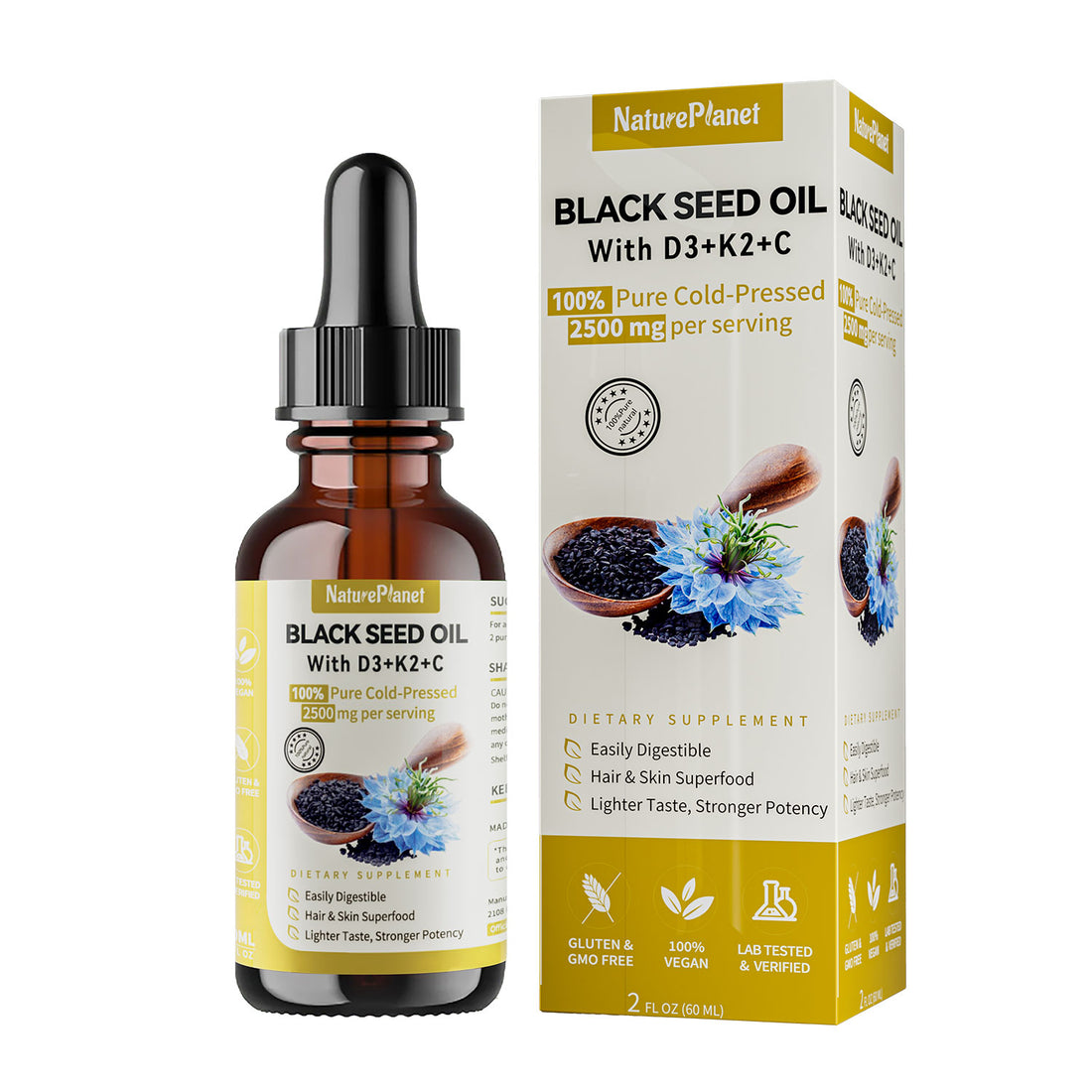 NaturePlanet Organic Black Seed Oil with Vitamin D3+K2+C- 60ml